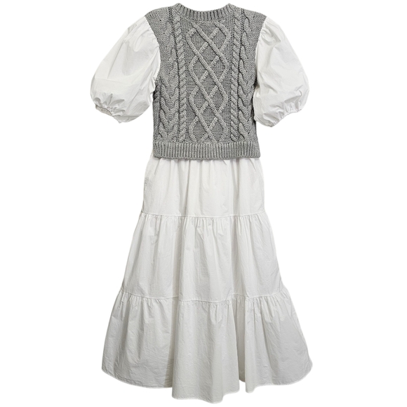 Anthropologie English Factory Wht/Gray Cable Knit Puff Sleeve Tier Ruffle Dress - Picture 13 of 17